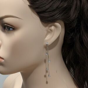 Delicate Silver Tone Rhinestone Dangle Crawler Earrings - Wedding/Prom